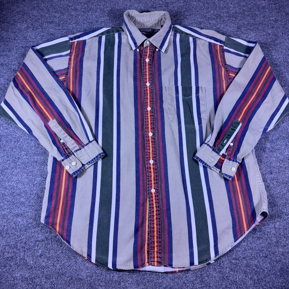 Vintage American Eagle Striped Multicolor Button Down Shirt Mens XL Khaki Cotton